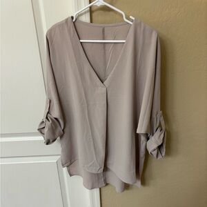 Women's V-Neck Roll-Sleeve Blouse in Taupe